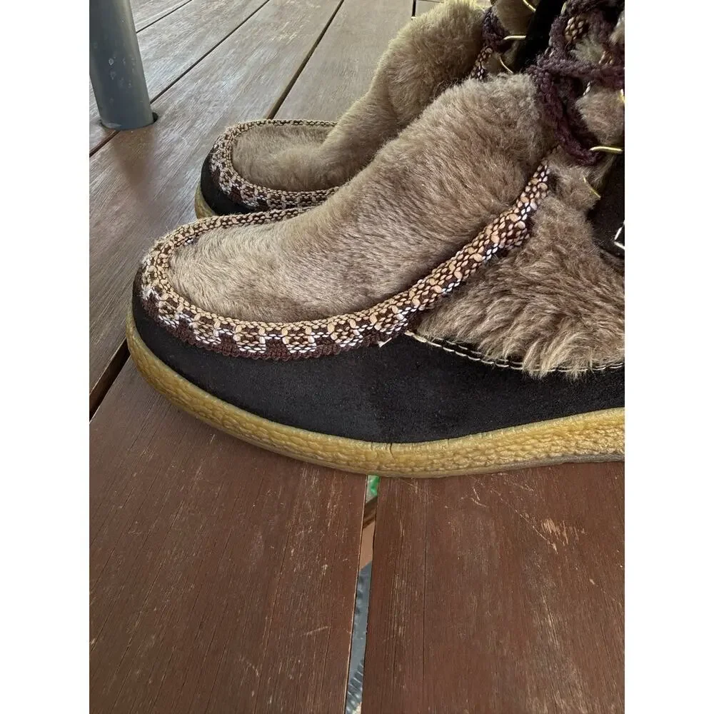 Vintage Snowland Faux Fur Suede Boots Sherpa Lined Lace Up Retro Winter Size 7